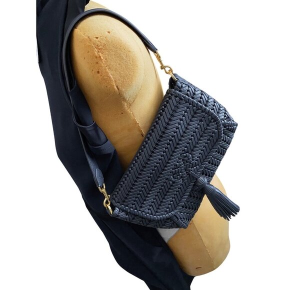 Anya Hindmarch Neeson Tassel Shoulder Bag Capra Leather Dark Marine Blue Woven - Picture 14 of 14